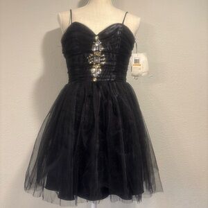 Jessica McClintock Black Spaghetti Strap Tulle Mini Dress Formal Prom